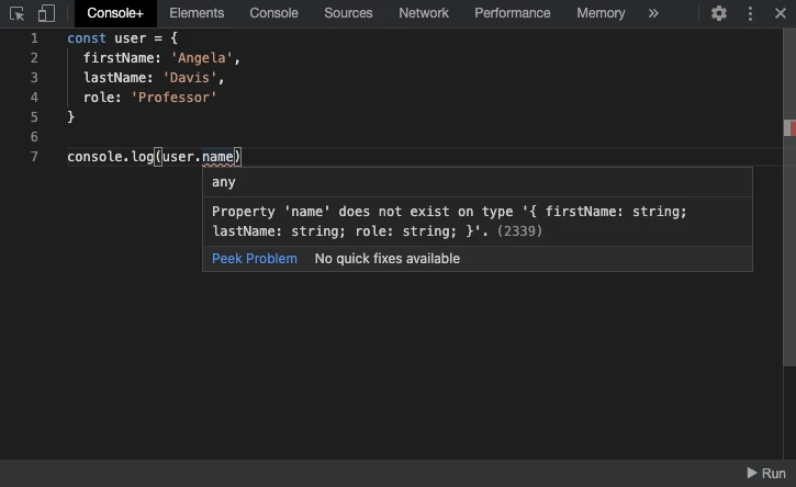 Console+ showing TypeScript autocomplete and an invalid property error in DevTools