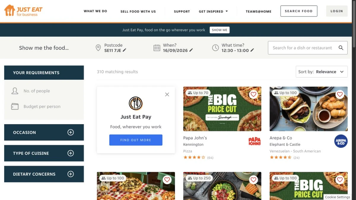 Just Eat for Business restaurant search and food-ordering interface