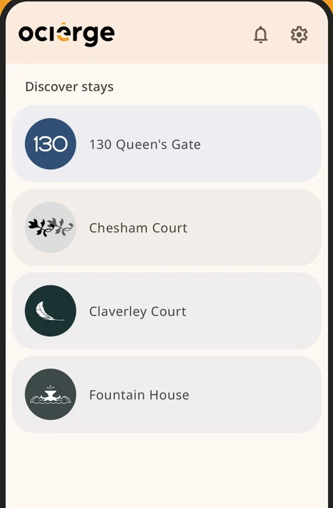 Ocierge mobile app: guests browse properties